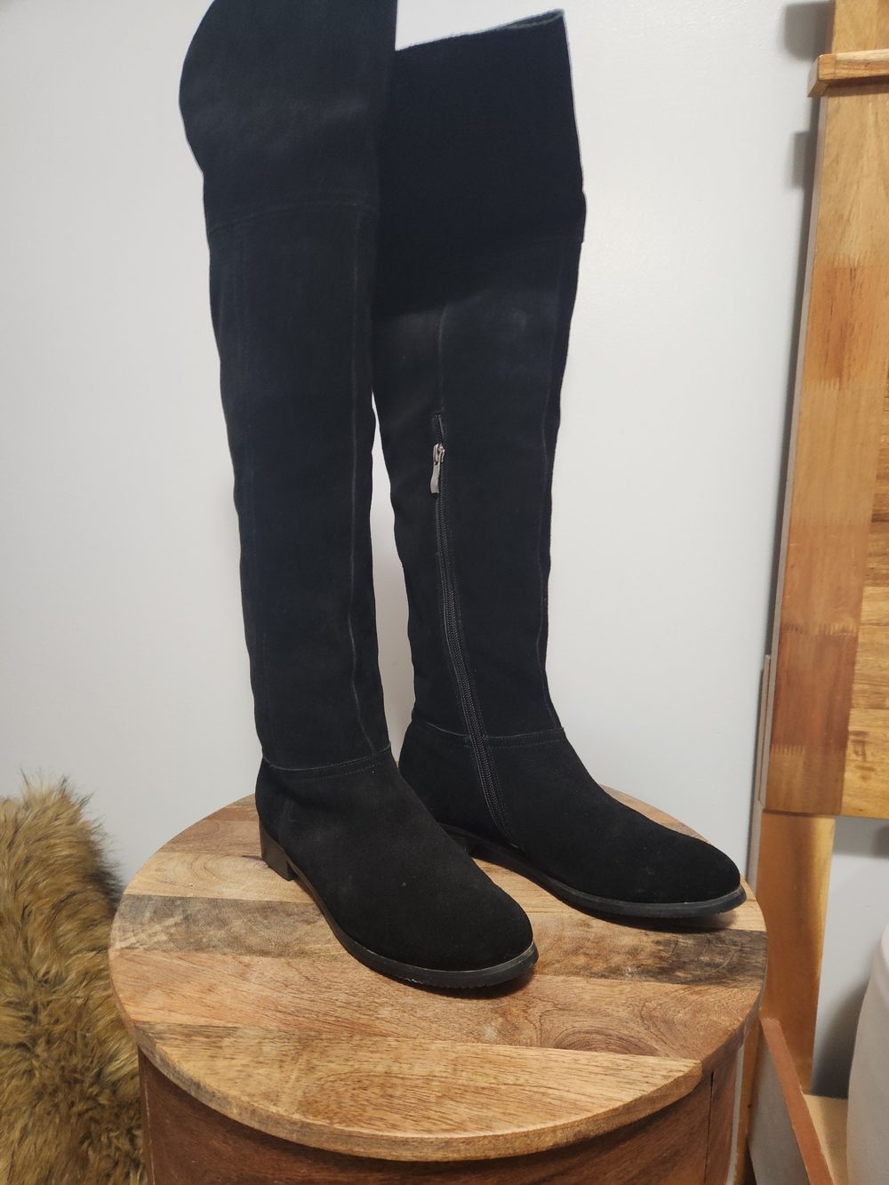Classic Black Over-the-Knee Women's Suede Boots Plush Fleece Lined Side Zip US 7